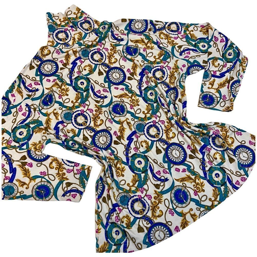 Vintage 1990s Multicolor Celestial Clocks Ribbon Print Long Sleeve Turtleneck